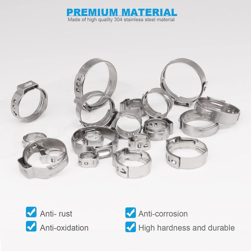 PEROMI 520 Pcs PEX Cinch clamps Ring, 20 Sizes 1/4-1 Inch Stainless Steel Single Ear Stepless Hose Clamps Assortment Kit for Water Pipe, Plumbing and Automotive Use - Image 3